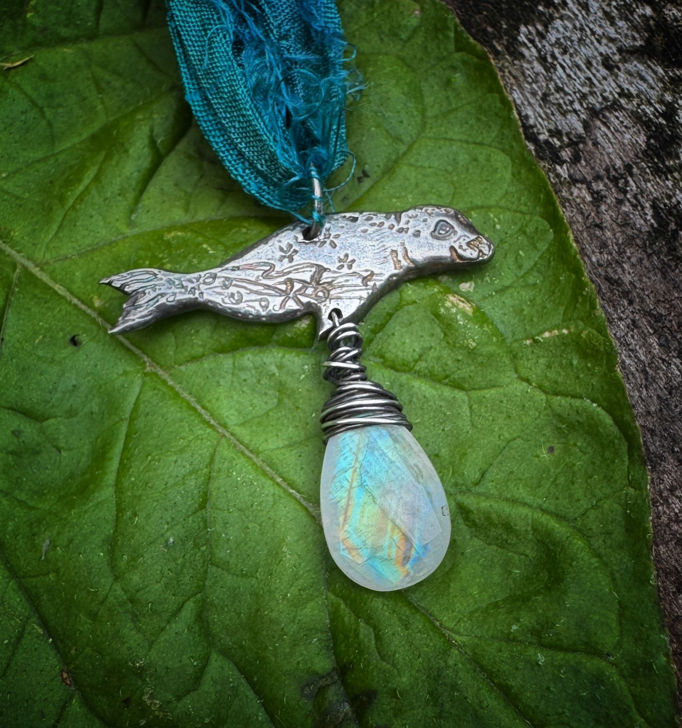 Seal Pendant on recycled sari silk ribbon