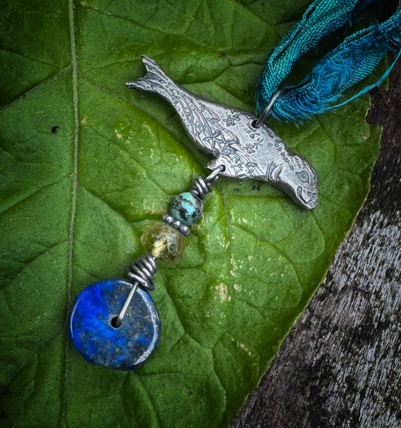 Seal Pendant on recycled sari silk ribbon