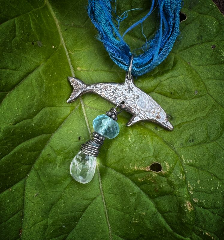 Dolphin Pendant on recycled sari silk ribbon