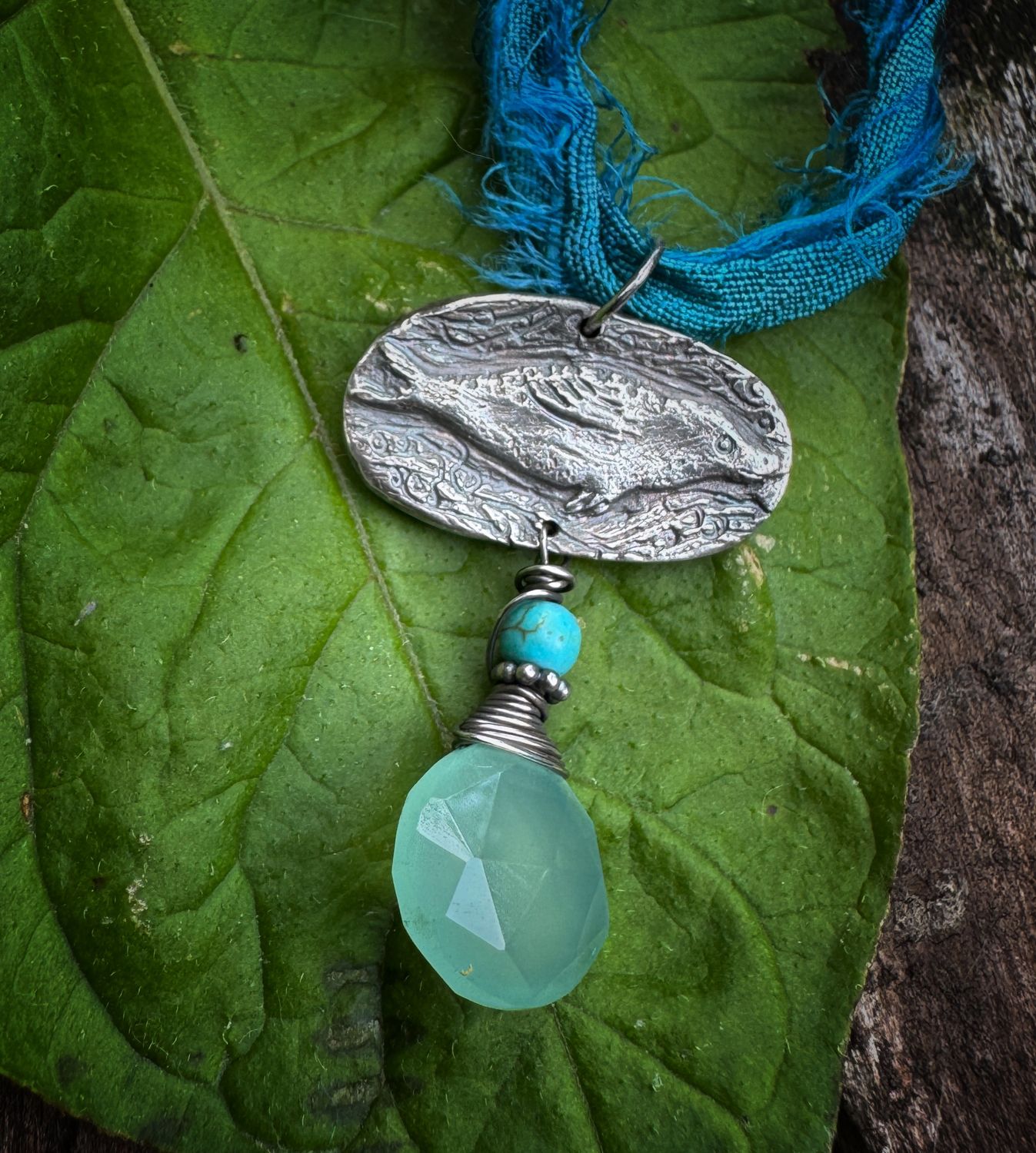 Seal Pendant on recycled sari silk ribbon