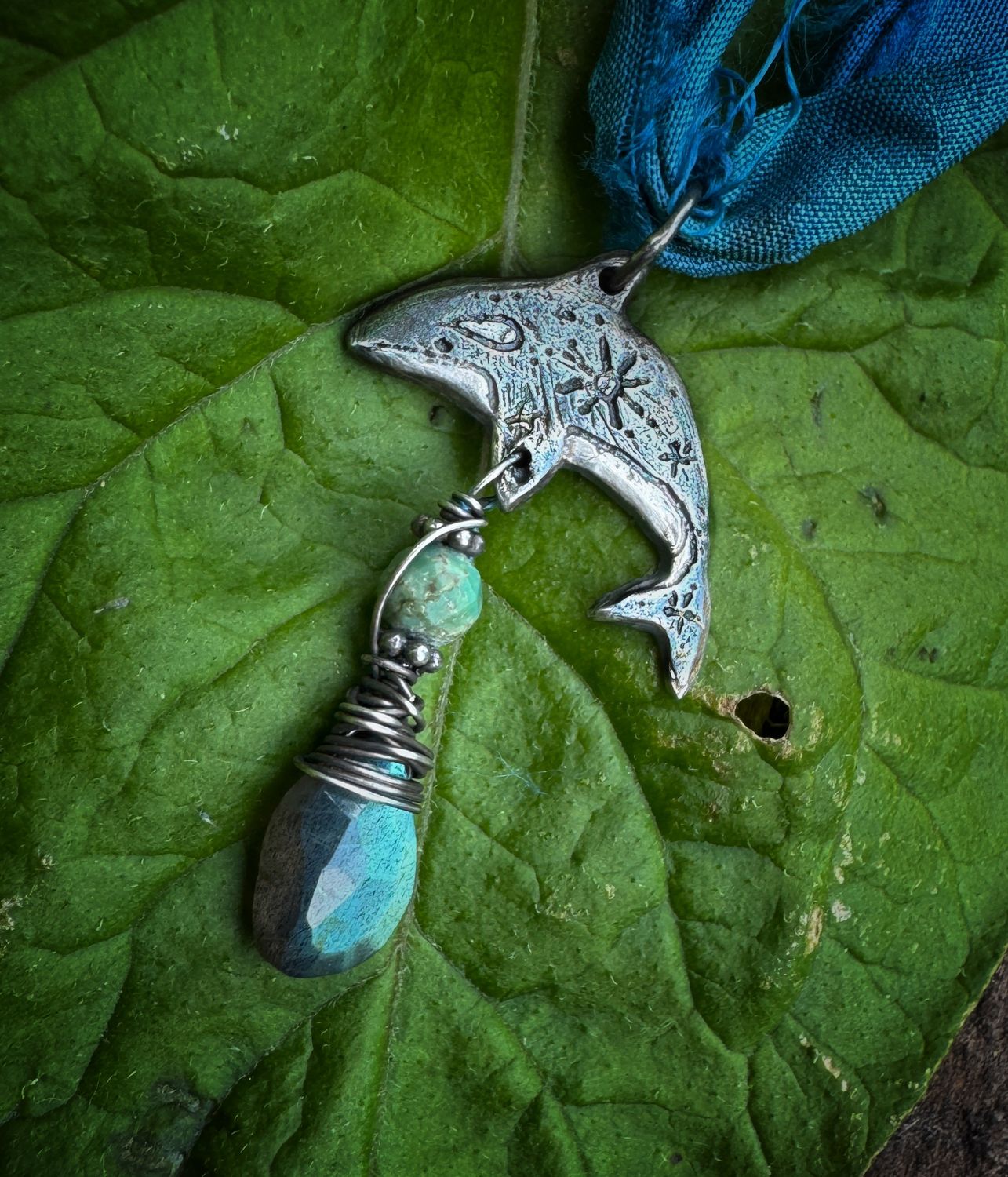 Orca Whale Pendant on recycled sari silk ribbon