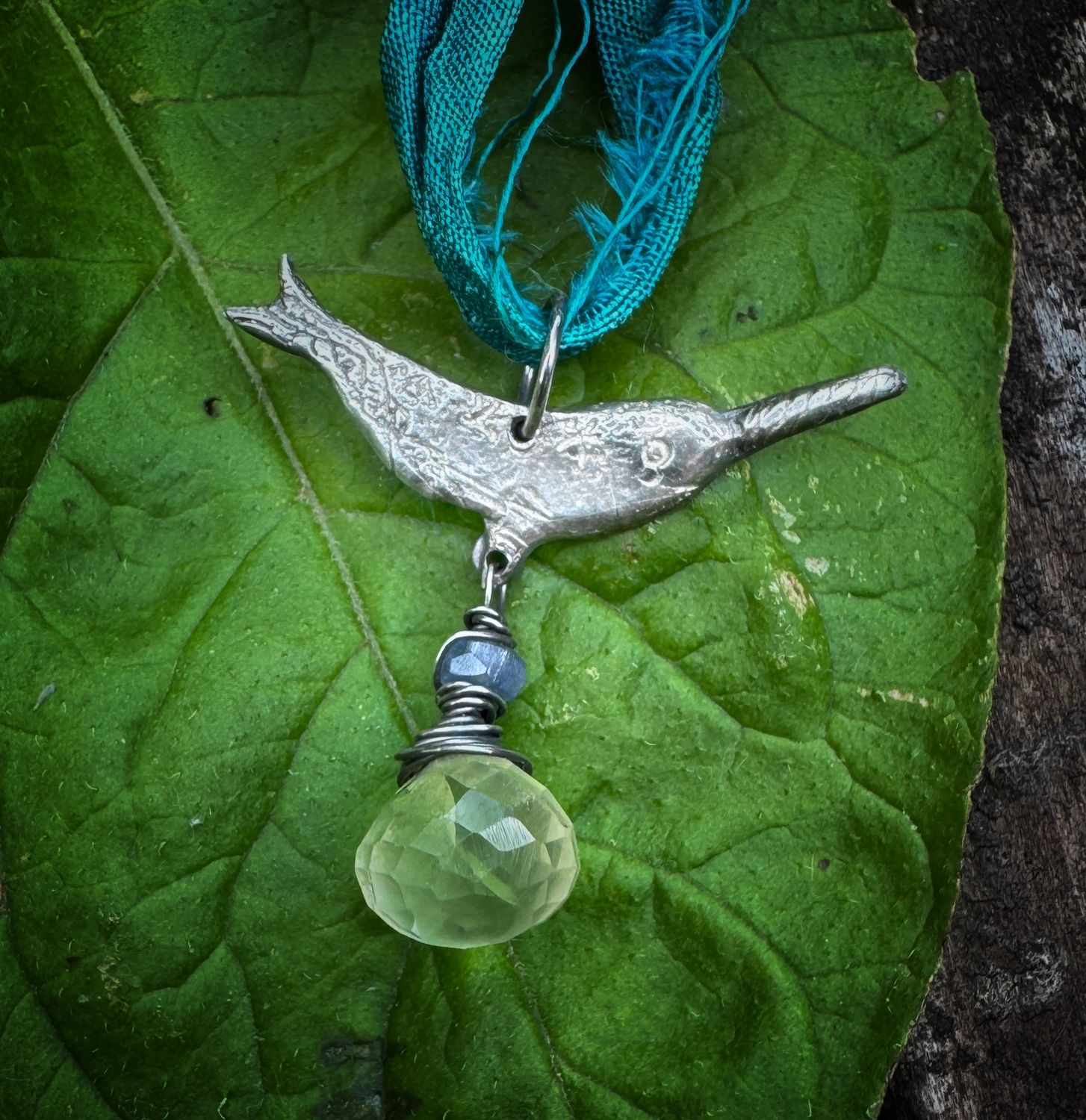 Narwal Pendant on recycled sari silk ribbon