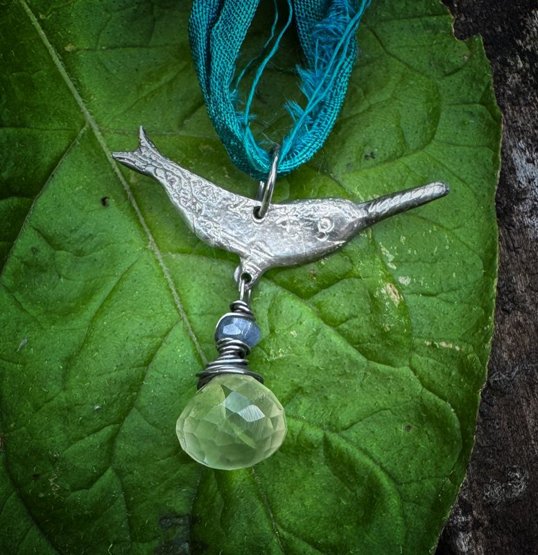 Narwal Pendant on recycled sari silk ribbon