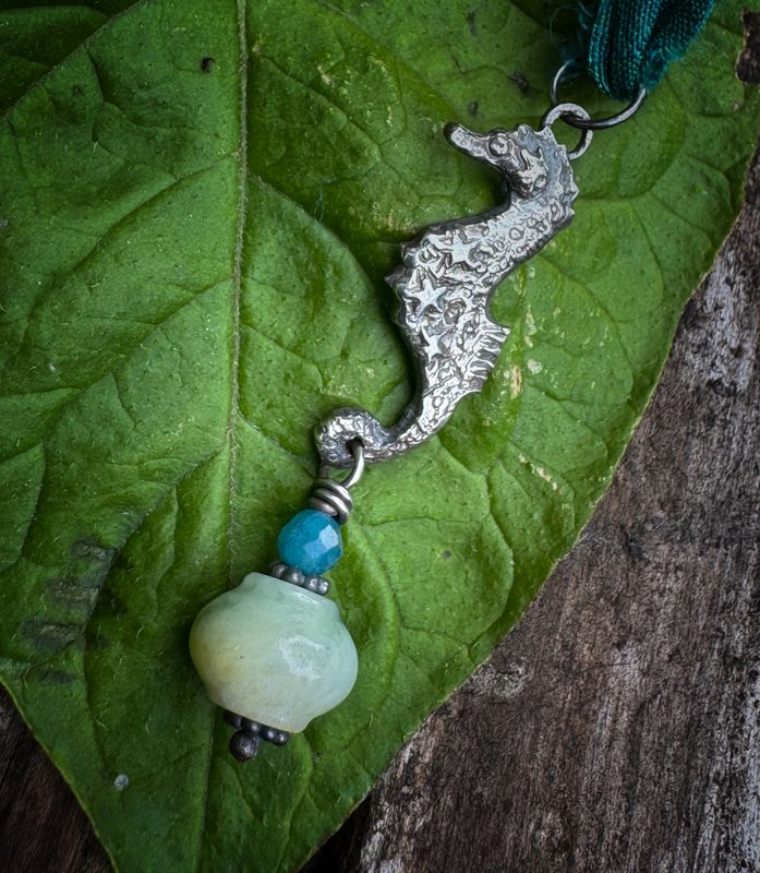 Seahorse Pendant on recycled sari silk ribbon