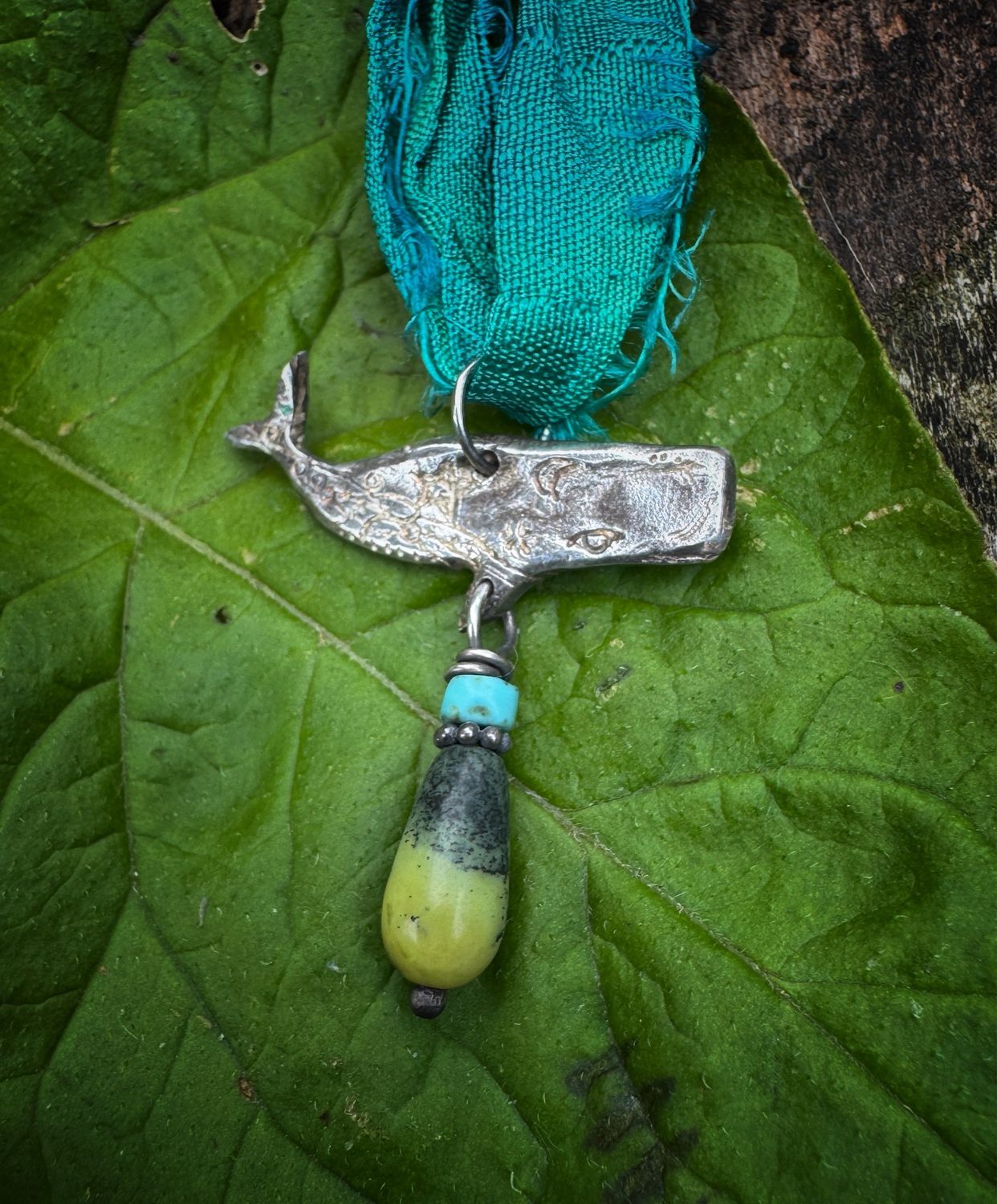 Whale Pendant on recycled sari silk ribbon