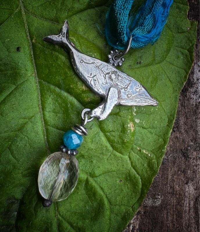 Whale Pendant on recycled sari silk ribbon