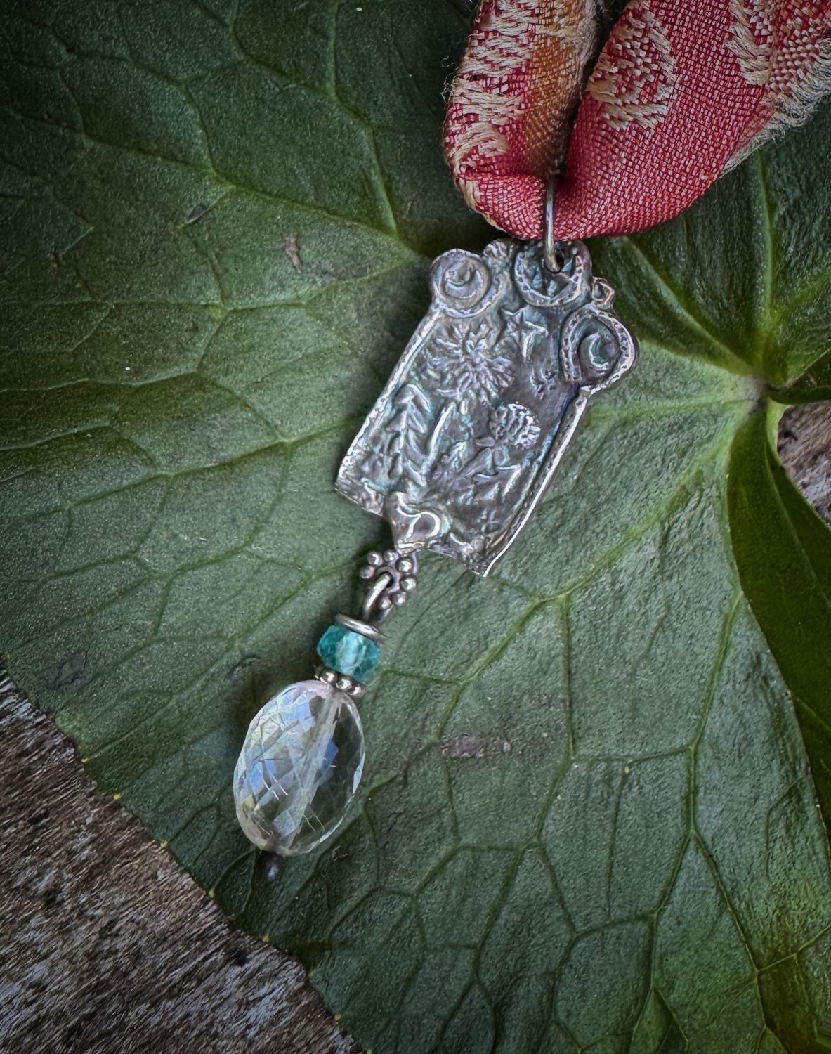 Dandelion Herbalist pendant on recycled sari silk ribbon
