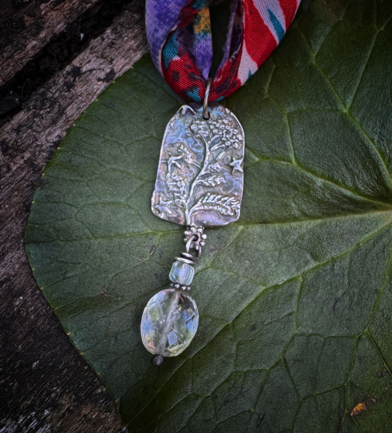 Yarrow herbalist pendant on recycled sari silk ribbon