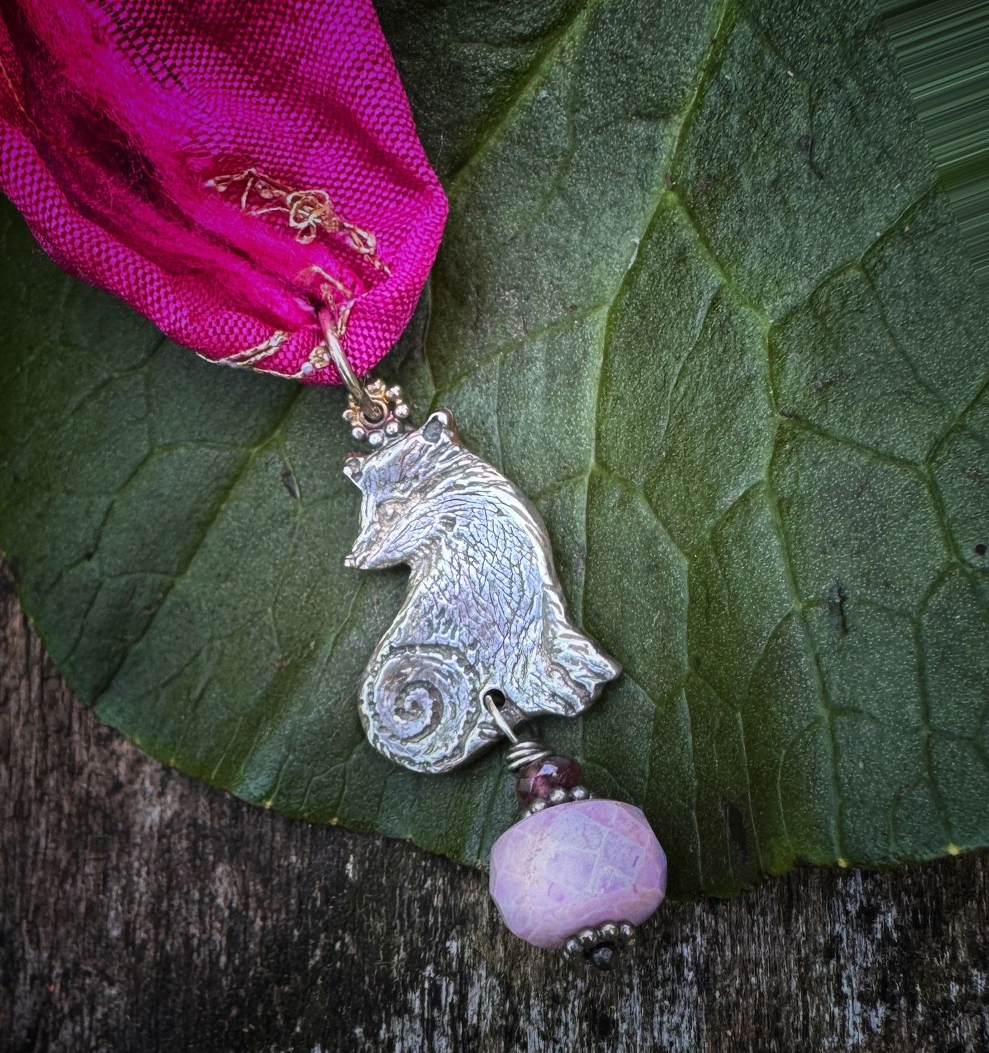 Badger pendant on recycled sari silk ribbon