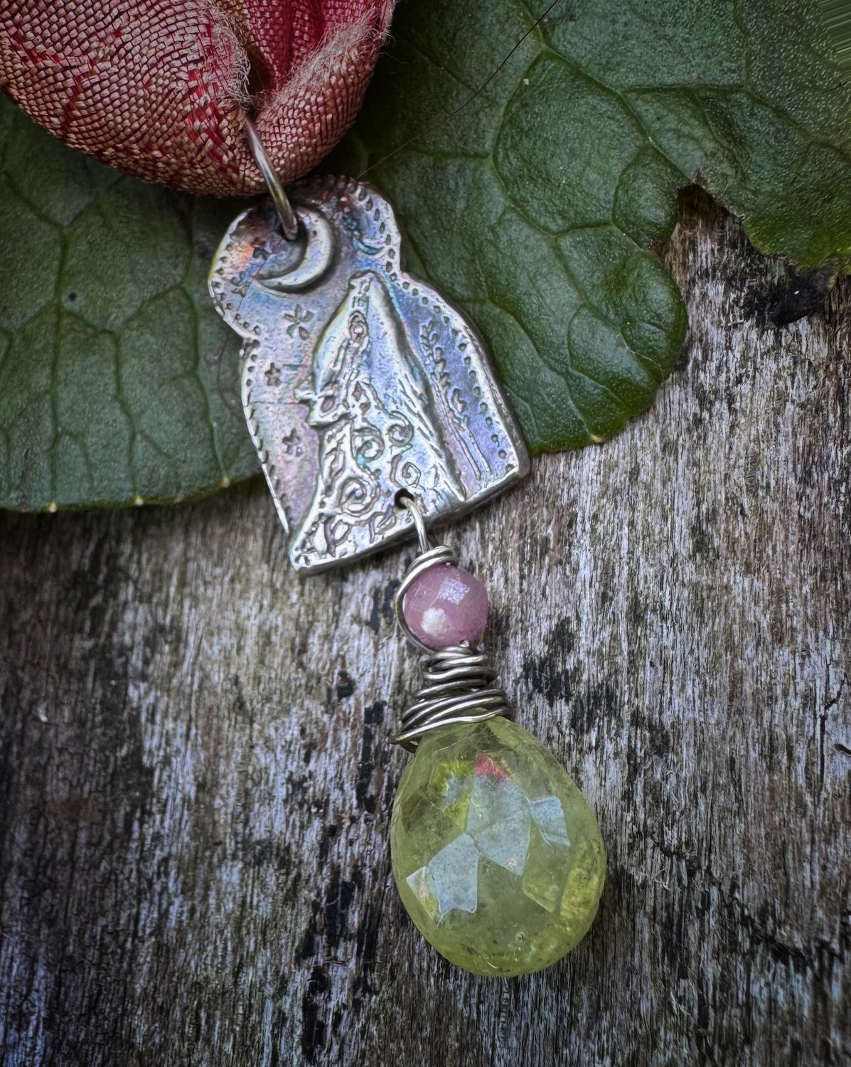 Moon Gazing badger pendant on recycled sari silk ribbon