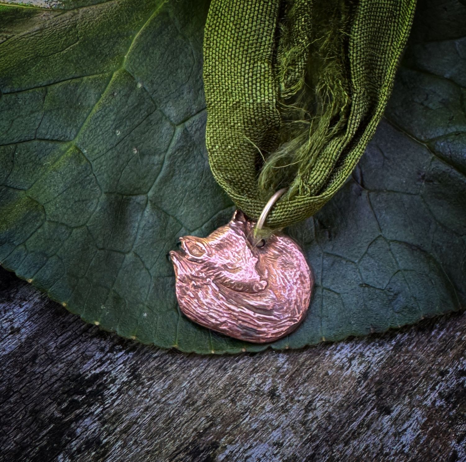 Sleeping Fox in copper on recycled sari silk ribbon