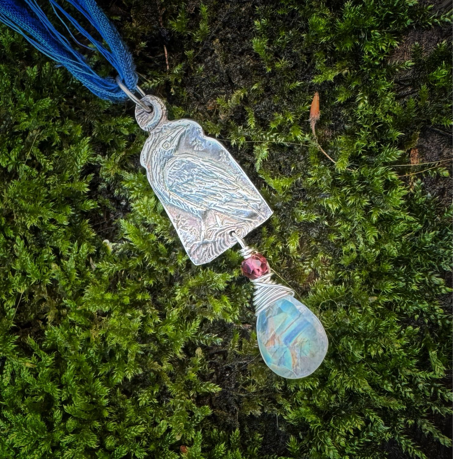 Crow Pendant on recycled sari silk ribbon