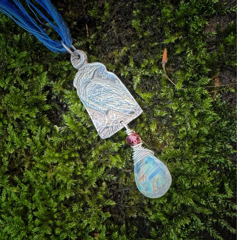 Crow Pendant on recycled sari silk ribbon