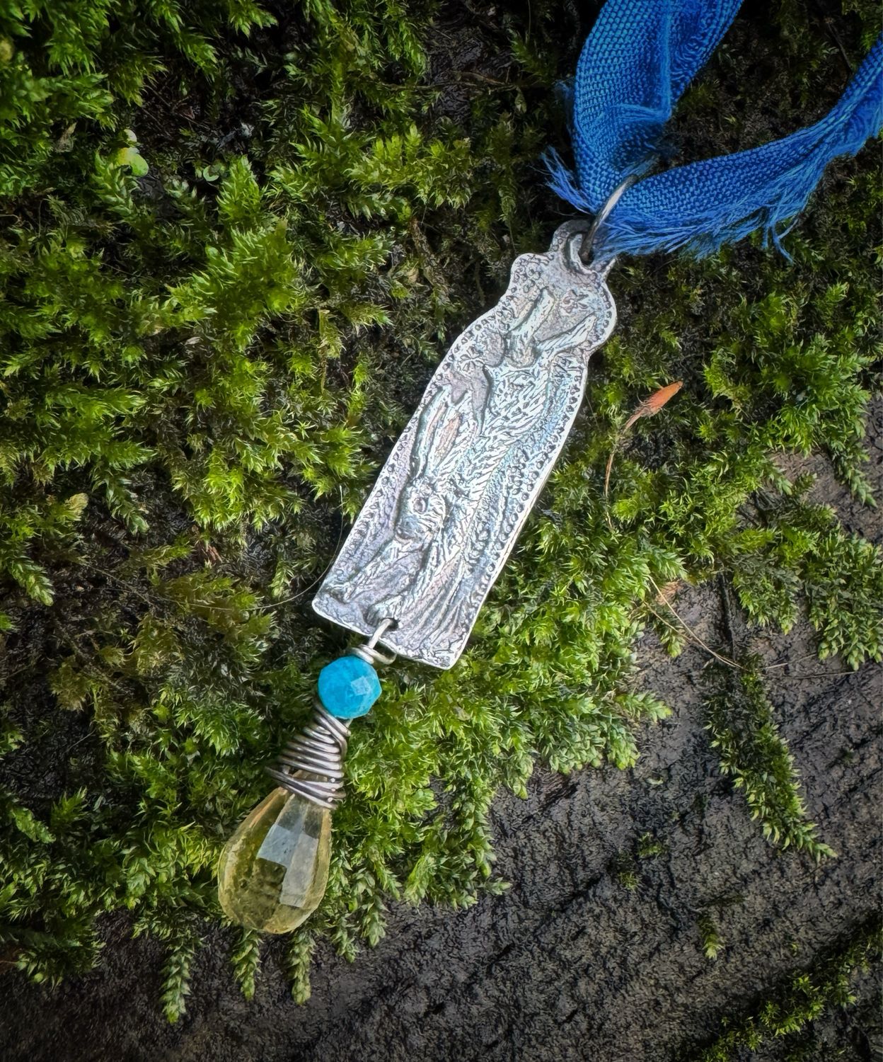 Leaping Hare Pendant on recycled sari silk ribbon