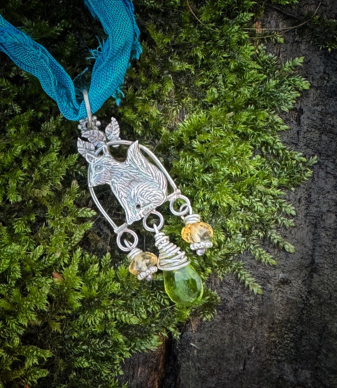 Fox In The Woodland pendant on recycled sari silk ribbon