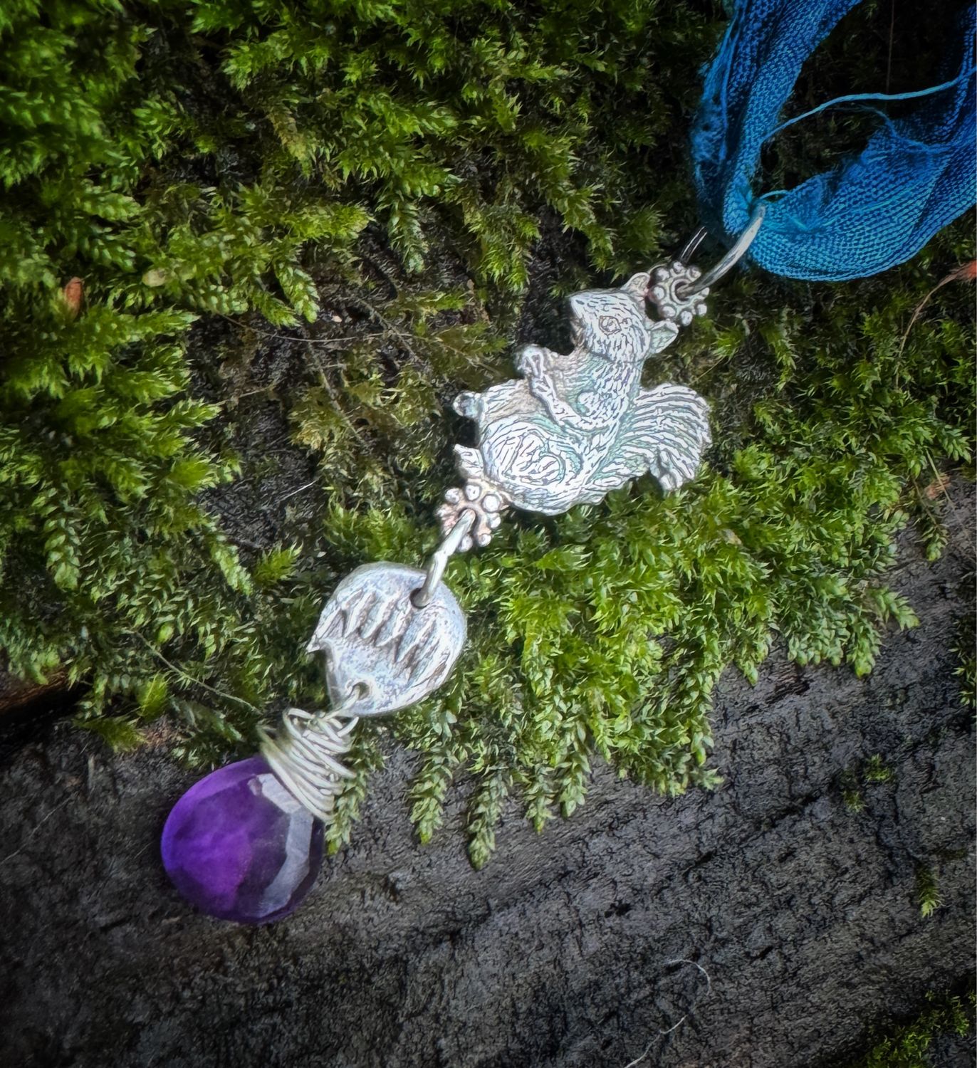 Squirrel And Hazelnut Pendant on recycled sari silk ribbon