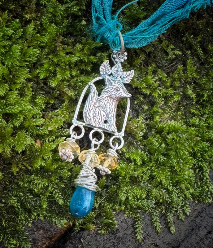 Fox In The Woodland pendant on recycled sari silk ribbon