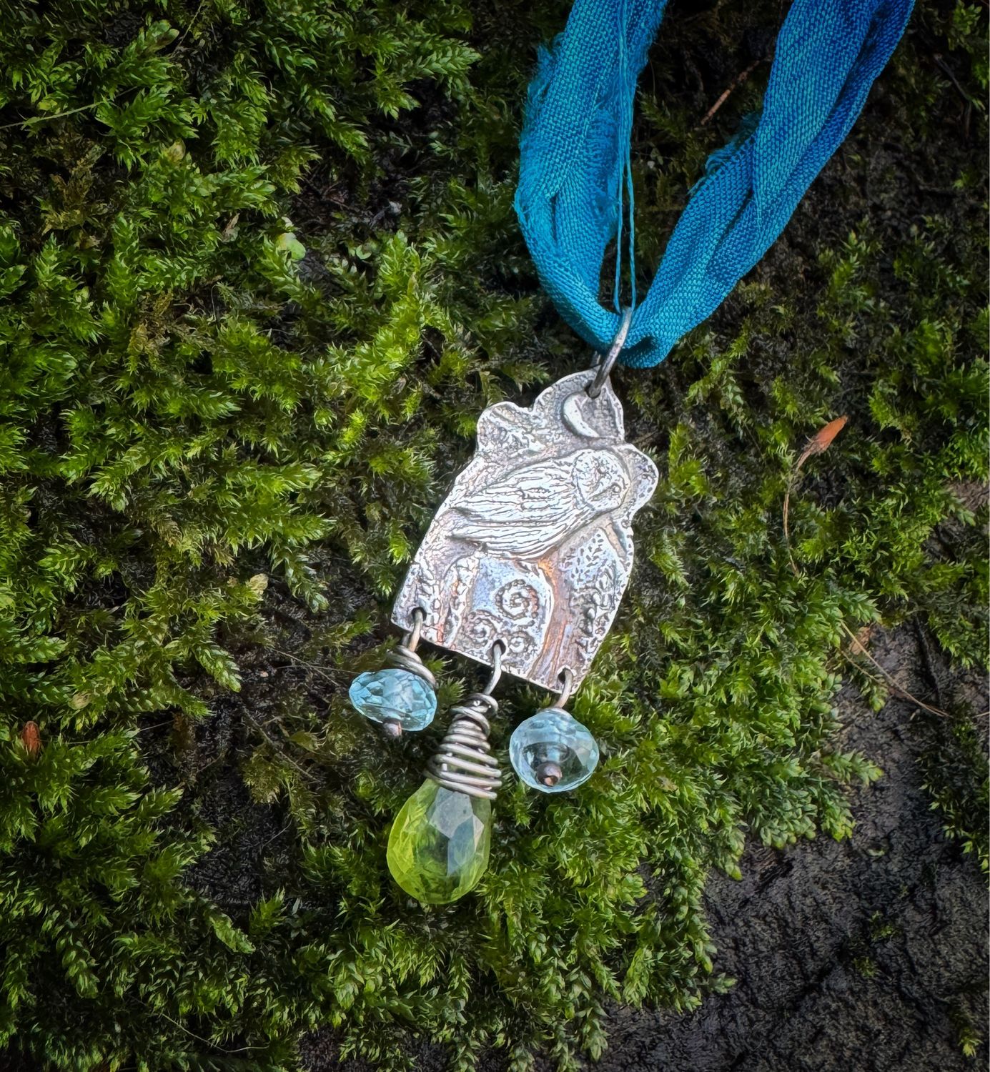 Owl On Standing Stone Ribbon Pendant