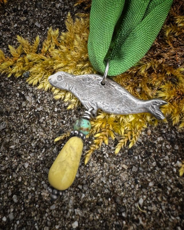 Seal Pendant on recycled sari silk ribbon