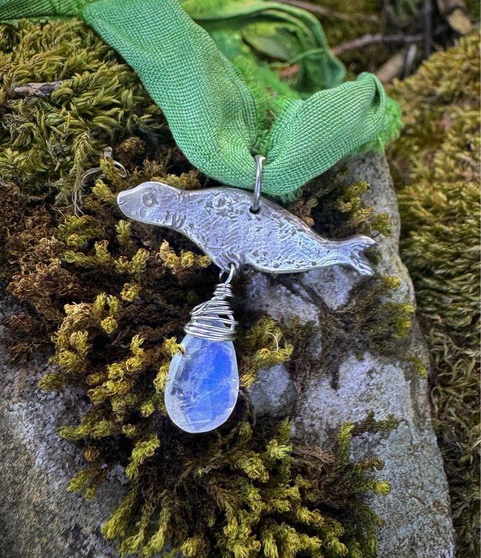 Seal Pendant on recycled sari silk ribbon