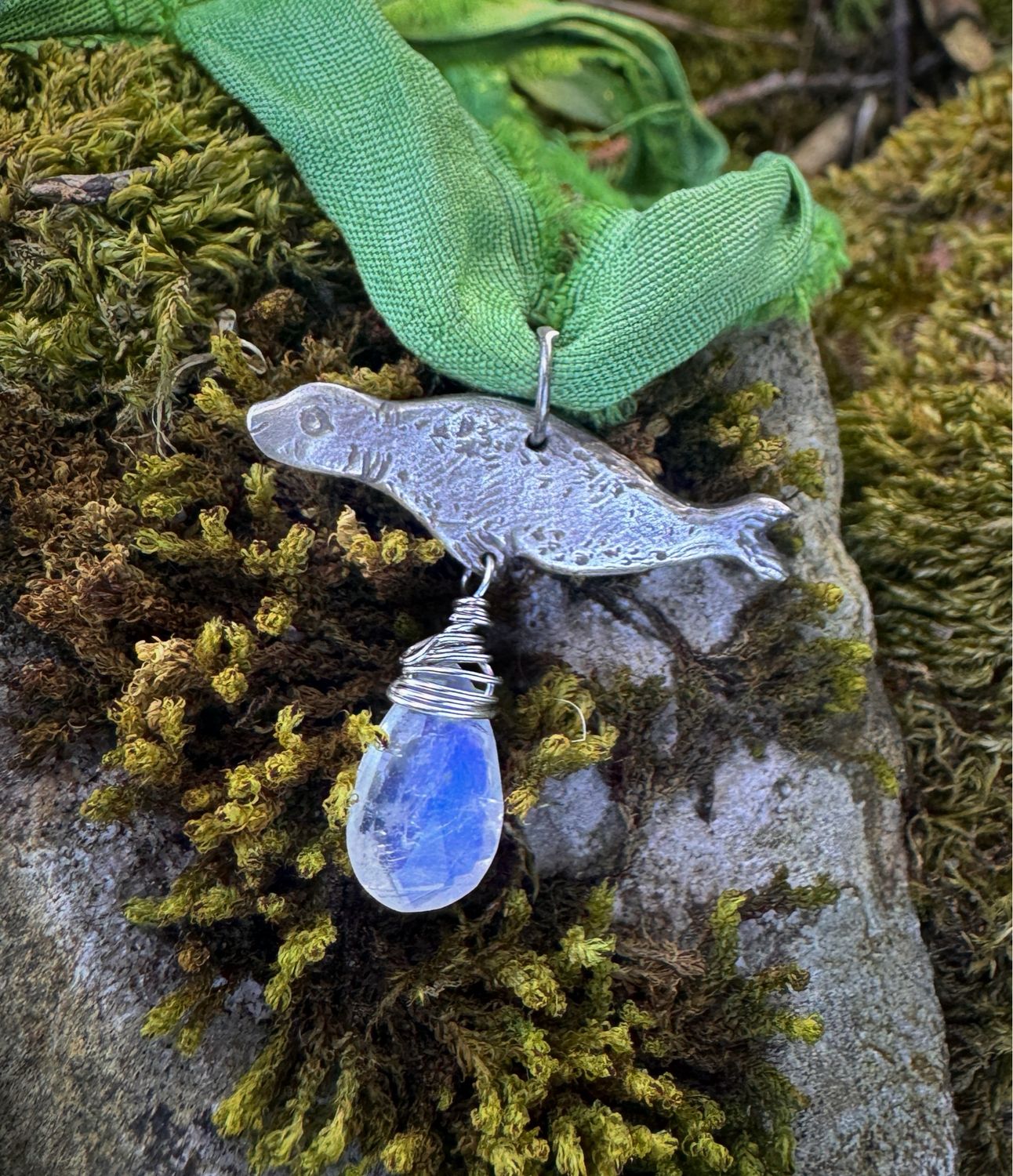 Seal Pendant on recycled sari silk ribbon