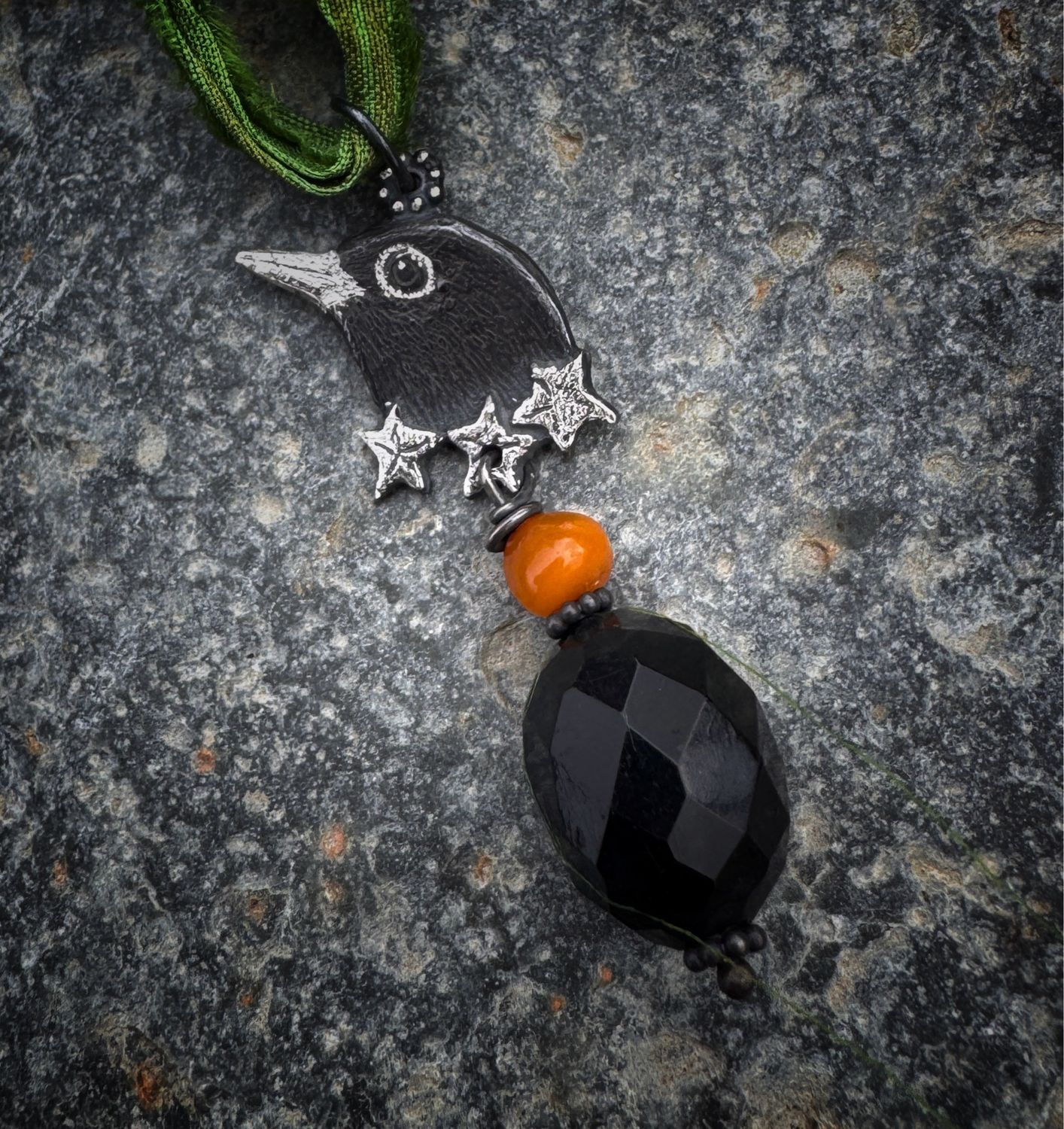 Blackbird head Pendant on recycled sari silk ribbon