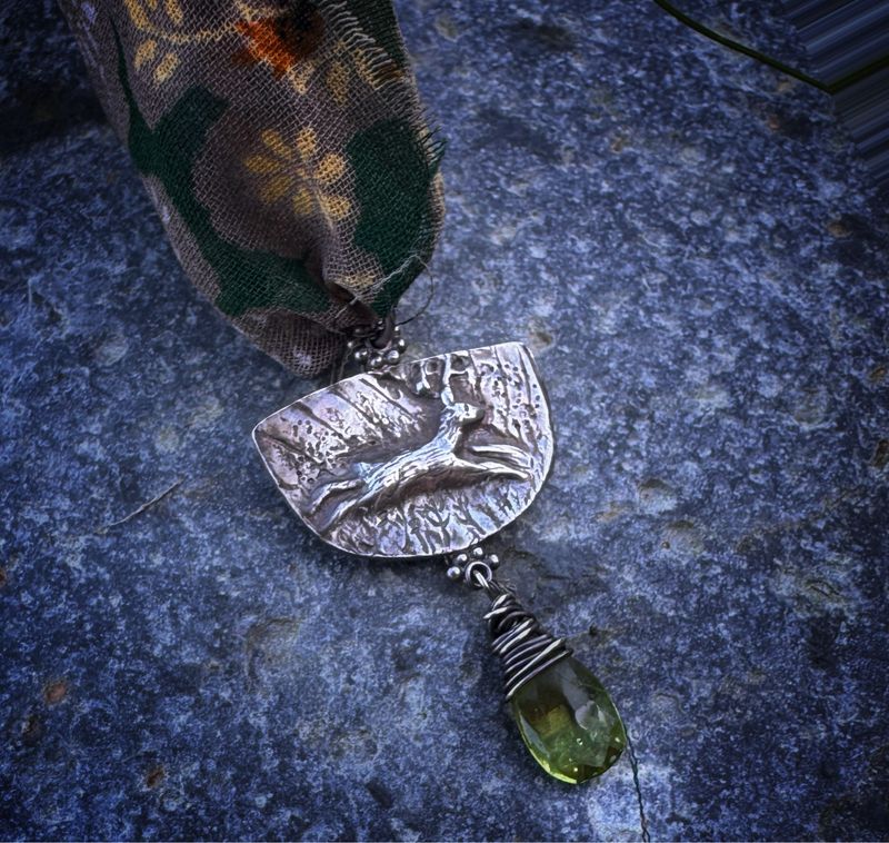 Stag Pendant on recycled sari silk ribbon