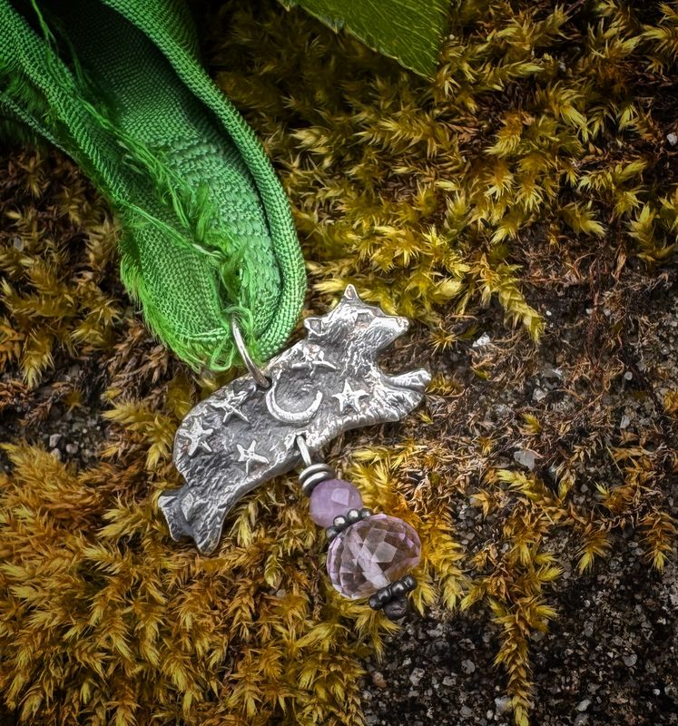 Star Bear Pendant on recycled sari silk ribbon
