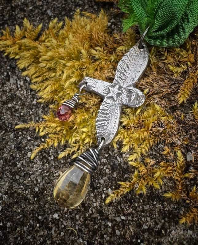 Flying Owl Pendant on recycled sari silk ribbon