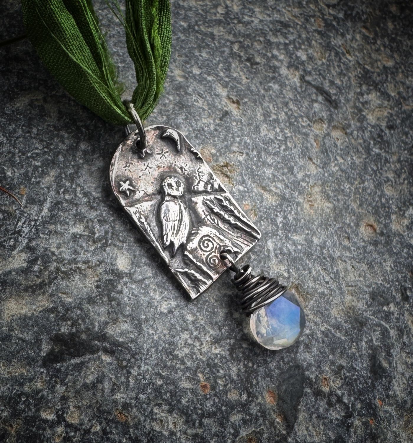 Owl Pendant on recycled sari silk ribbon
