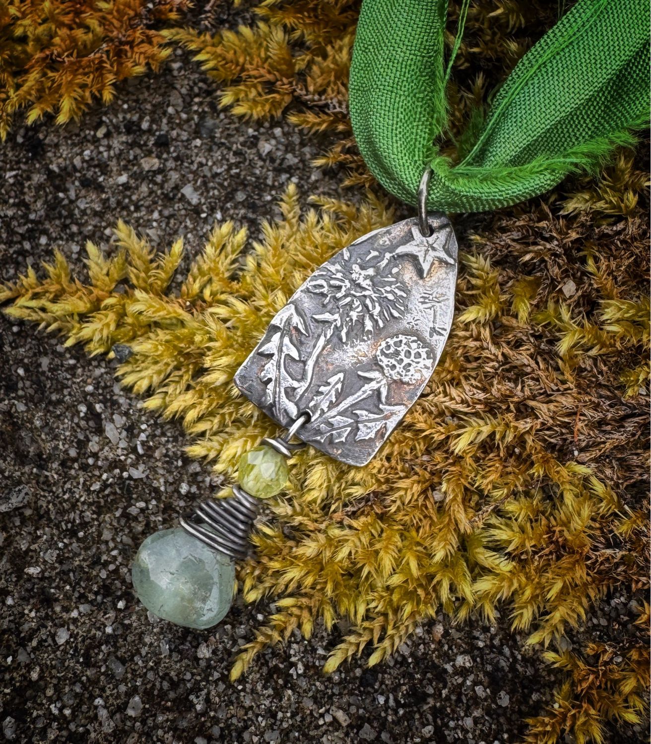 Dandelion Pendant on Recycle Sari Silk Ribbon