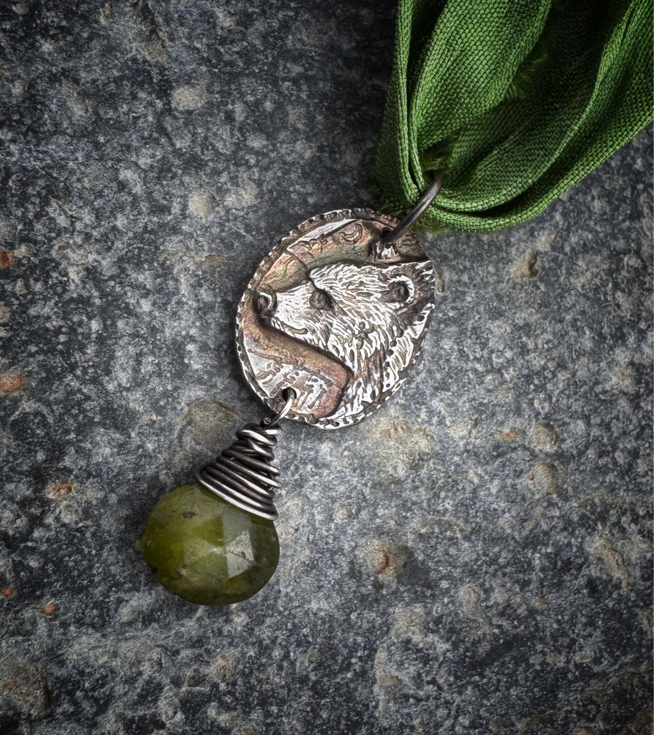 Bear Pendant on Recycled Sari Silk Ribbon