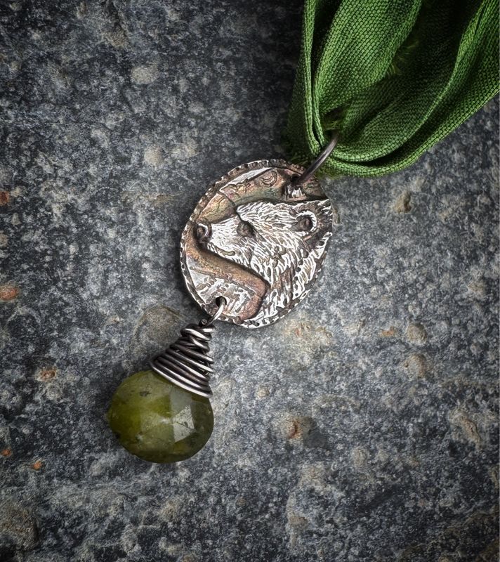 Bear Pendant on Recycled Sari Silk Ribbon