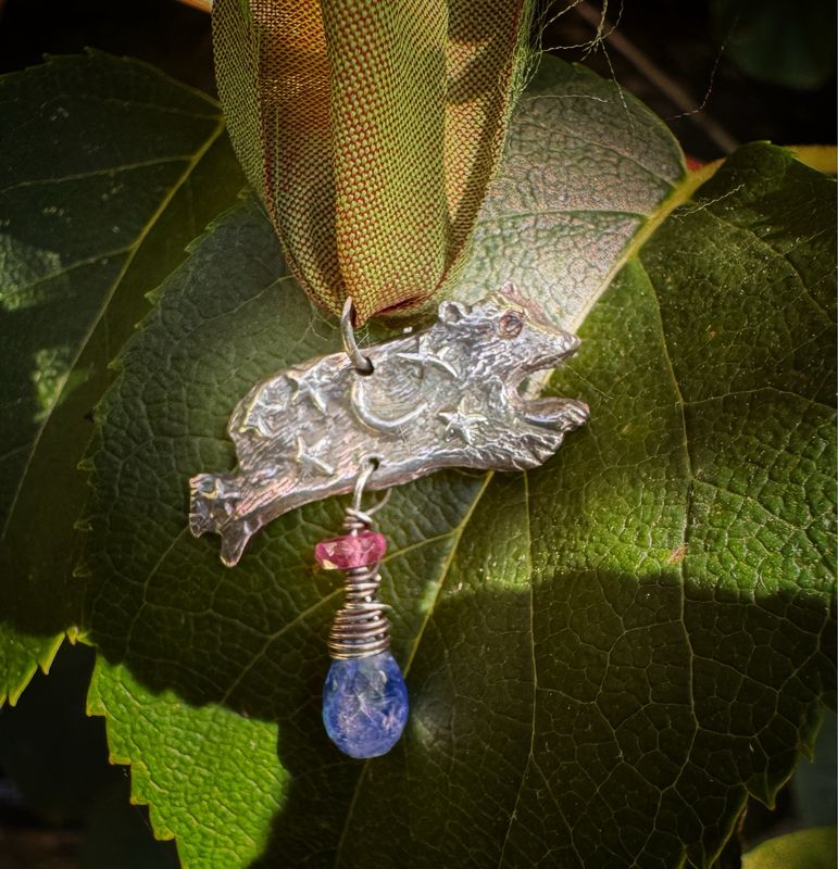 Bear Pendant on Recycled Sari Silk Ribbon