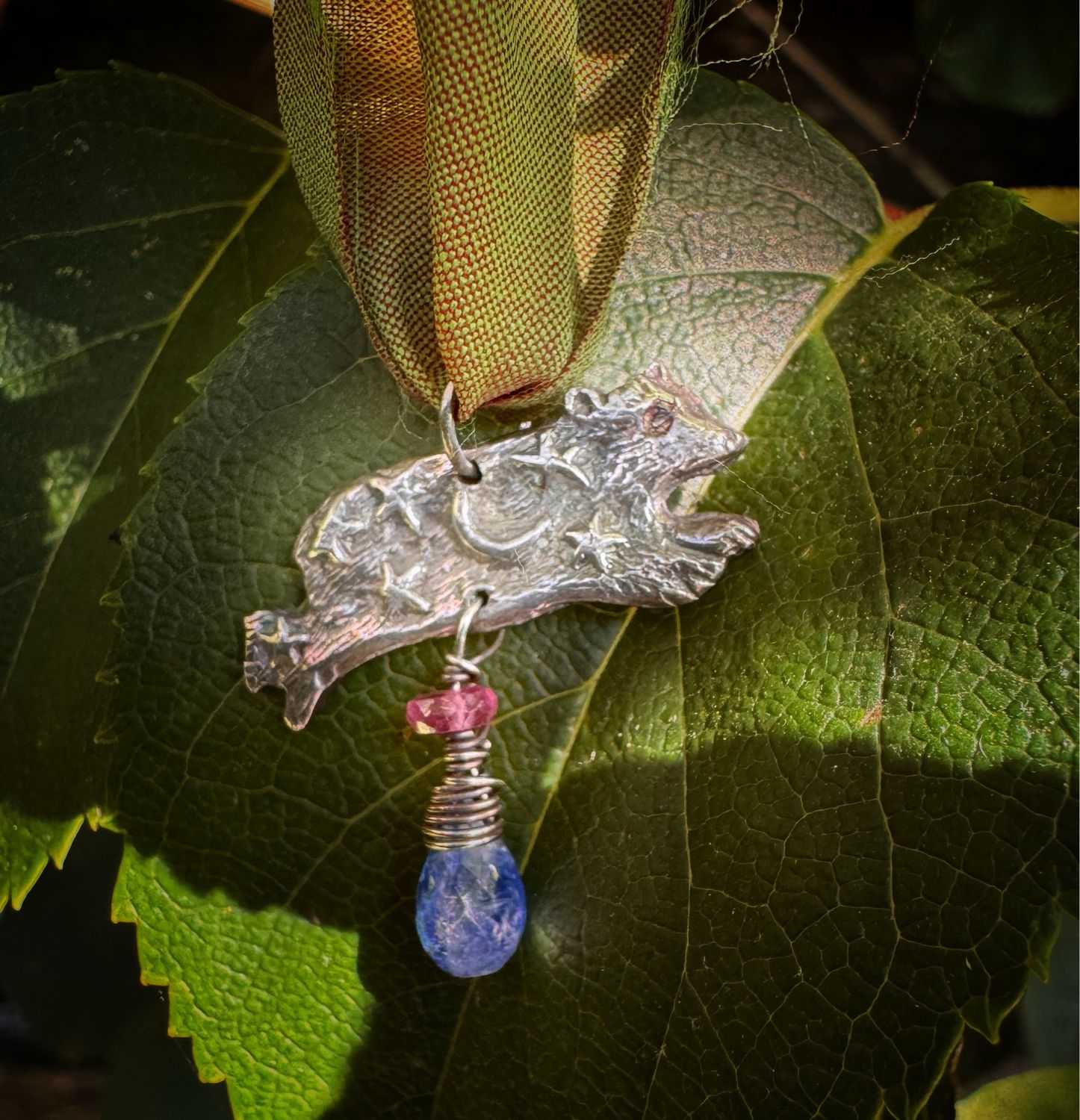 Bear Pendant on Recycled Sari Silk Ribbon