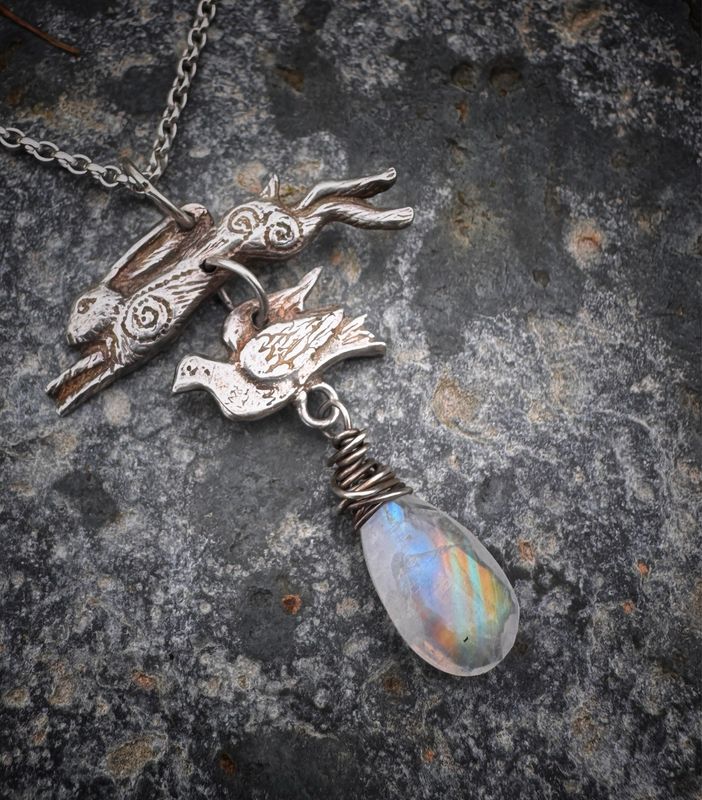 Hare And Dove Pendant on Light Silver Chain