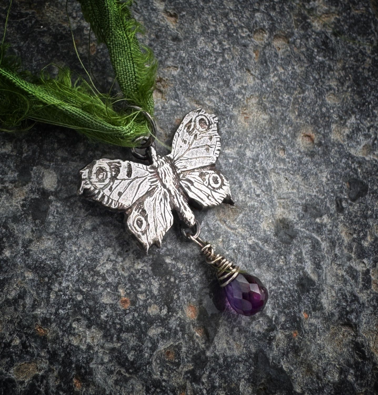 Butterfly Pendant On Recycled Sari Silk Ribbon
