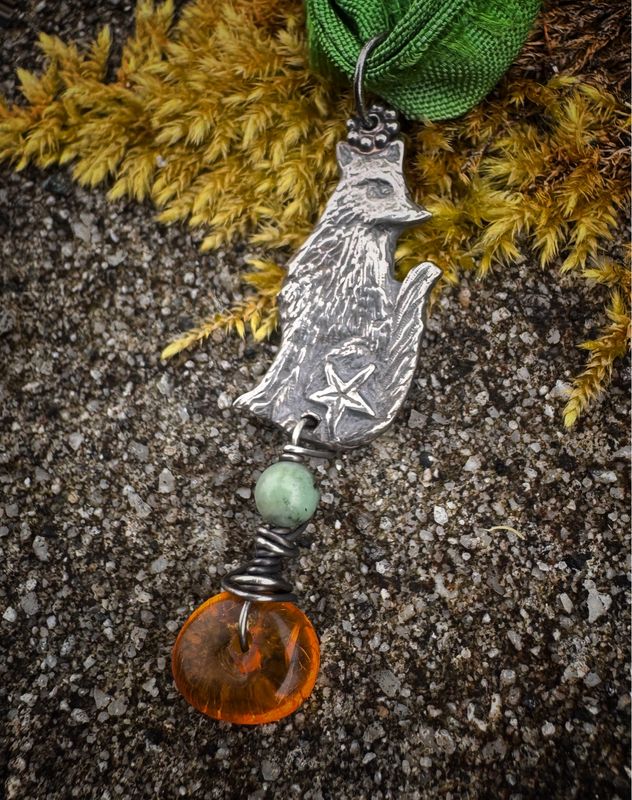 Fox Pendant On Recycled Sari Silk Ribbon