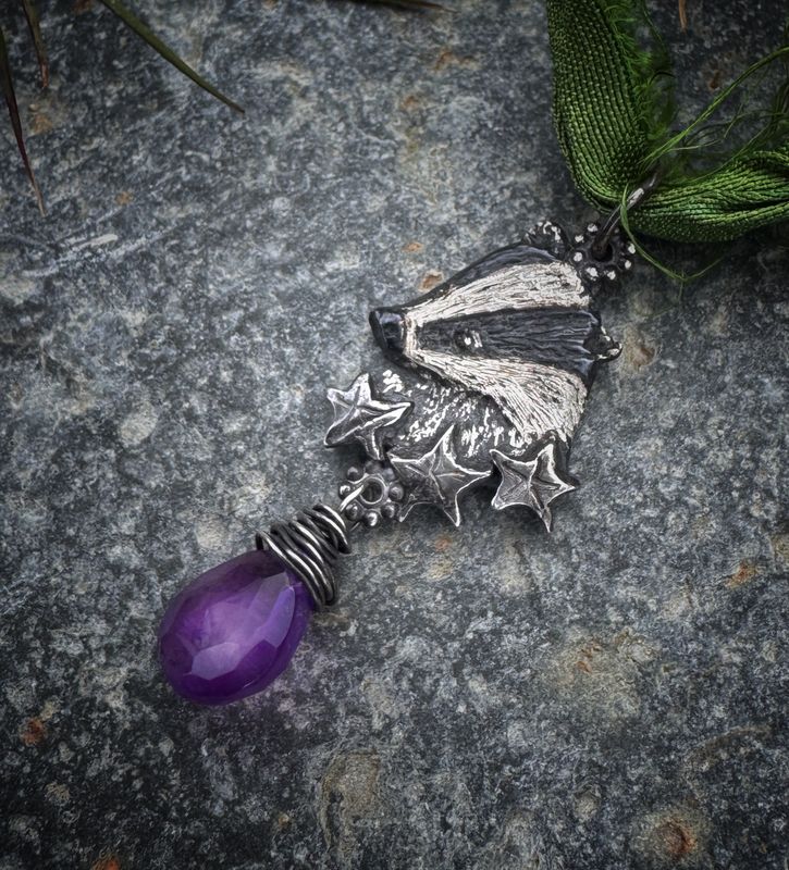 Badger Pendant on Recycled Sari Silk Ribbon