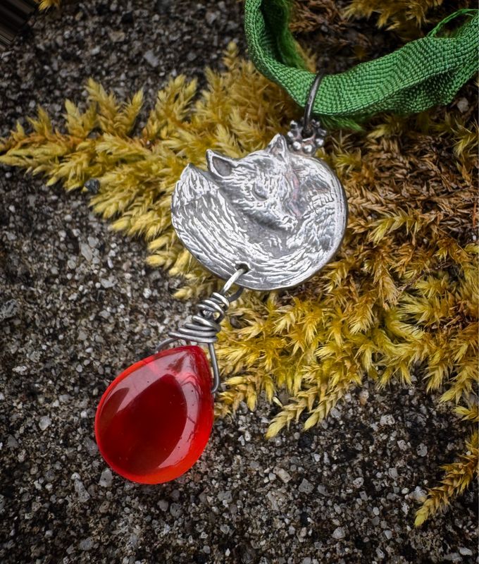 Sleeping Fox Pendant On Recycled Sari Silk Ribbon