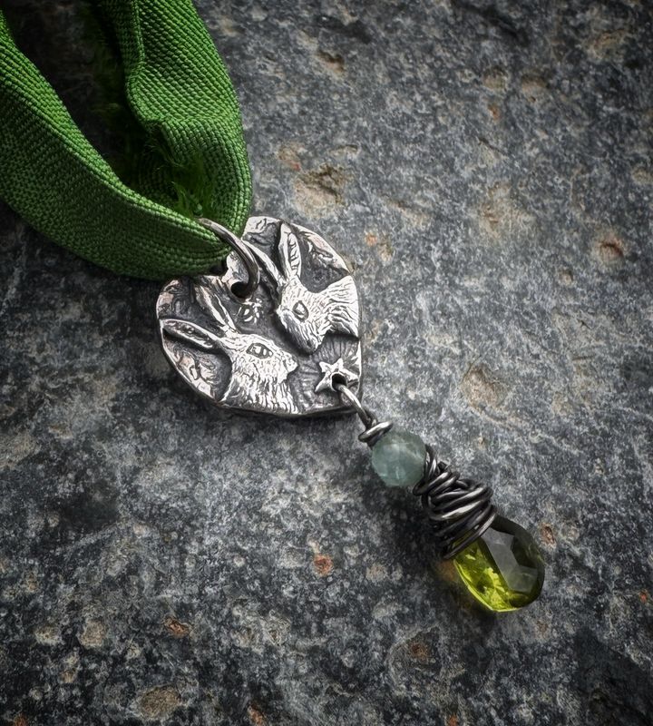 Hares Pendant On Recycled Sari Silk Ribbon