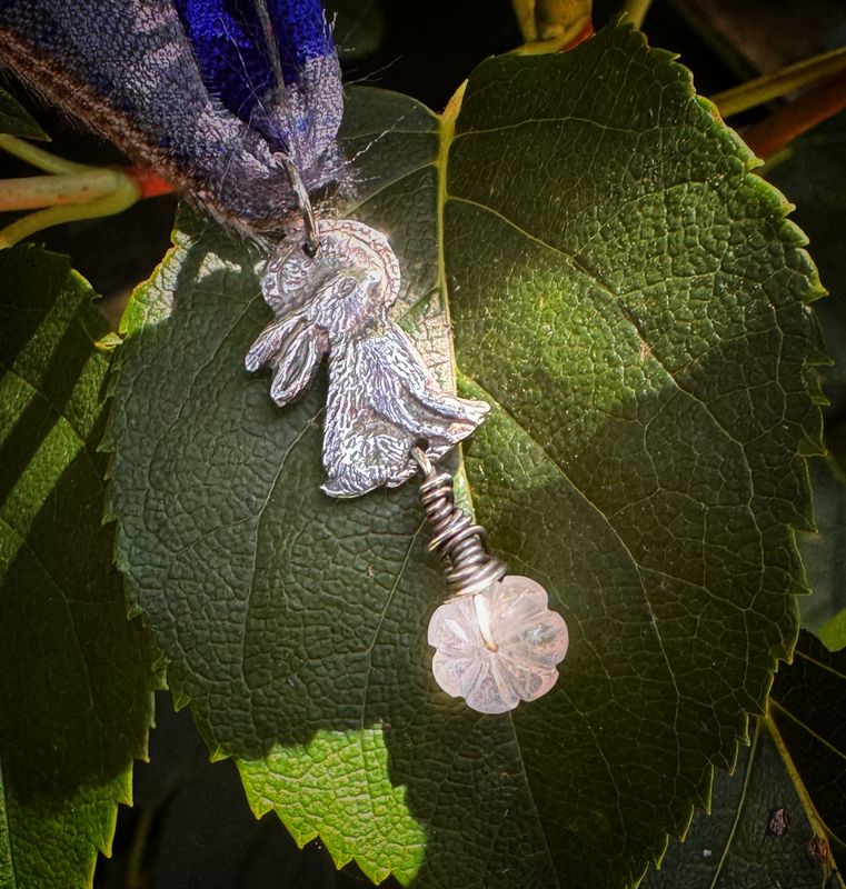 Hare And moon Pendant On Recycled Sari Silk Ribbon