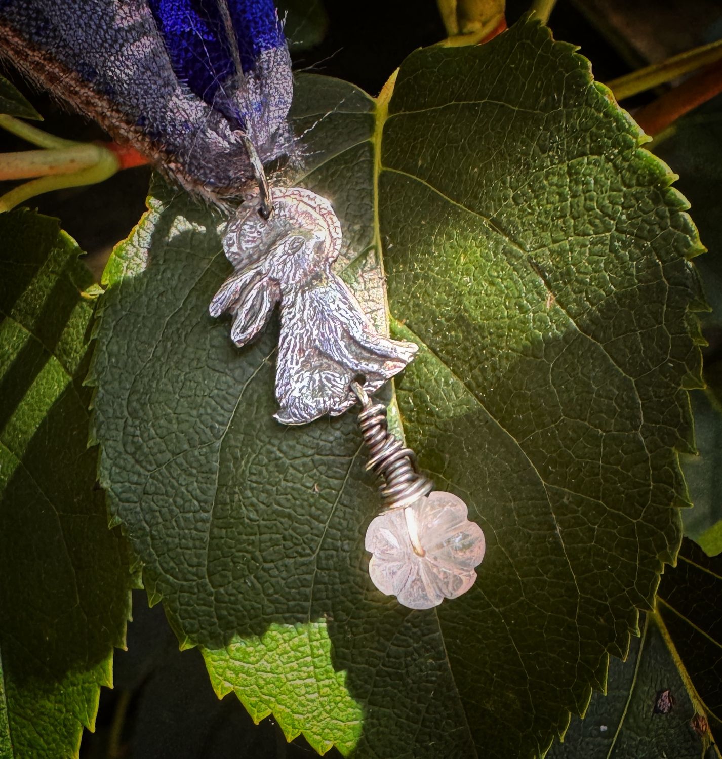 Hare And moon Pendant On Recycled Sari Silk Ribbon