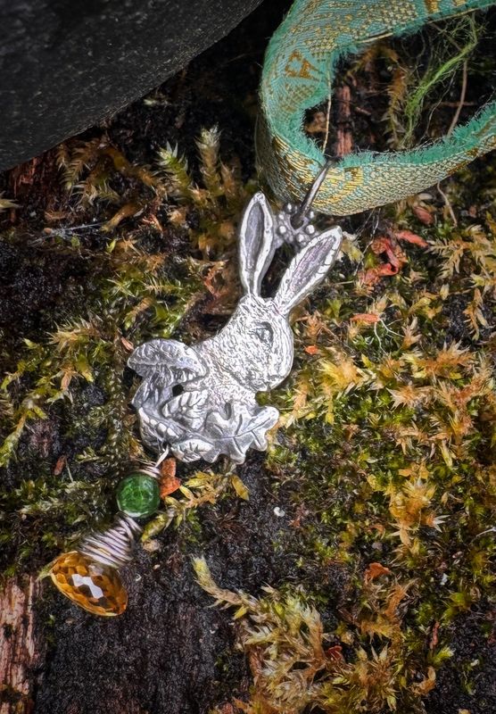 Hare In The Forest Pendant On Recycled Sari Silk Ribbon
