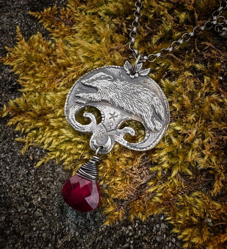 Large Badger Lunula Pendant on Silver Chain