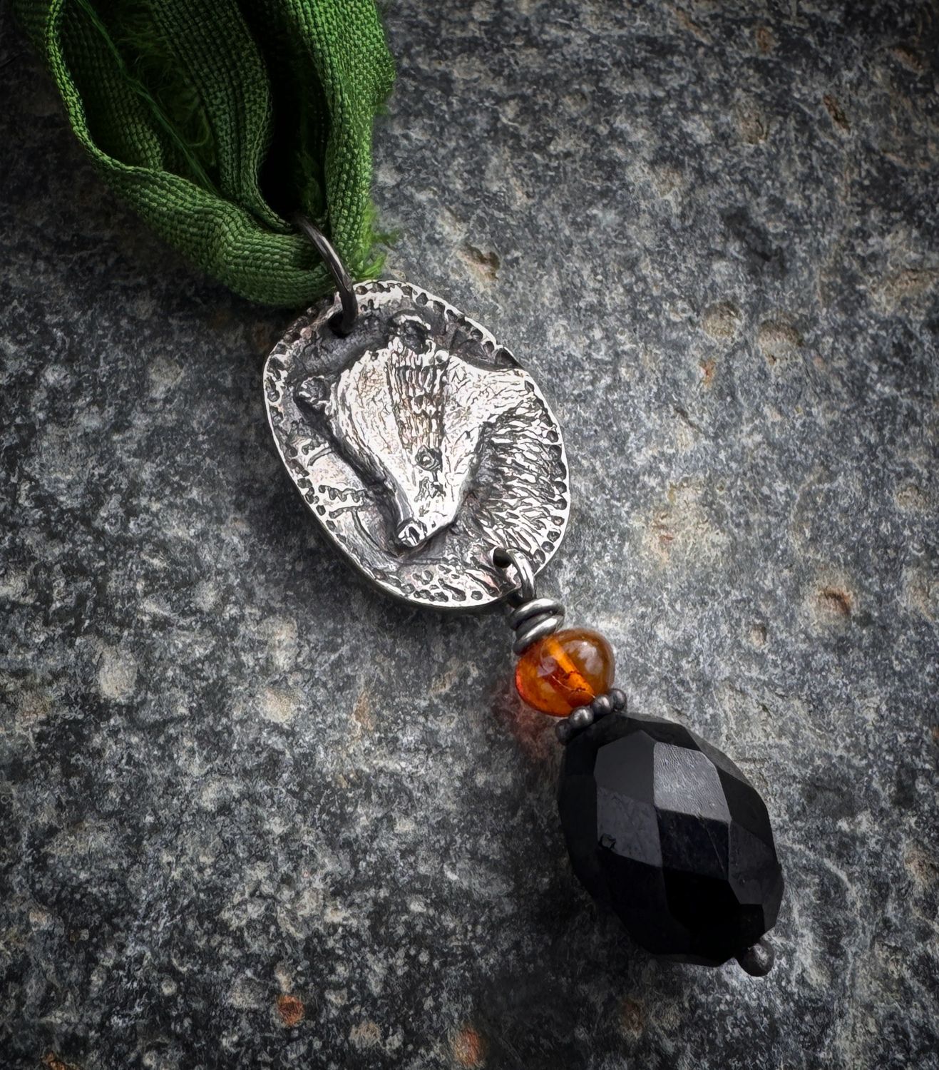 Badger Pendant on Recycled Sari Silk Ribbon