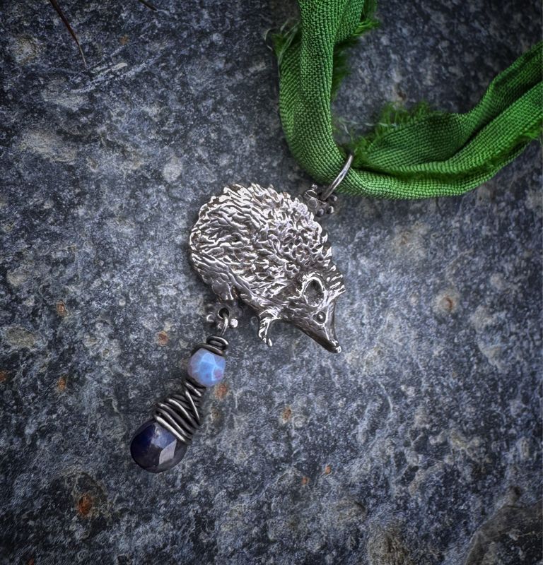 Hedgehog Pendant On Recycled Sari Silk Ribbon