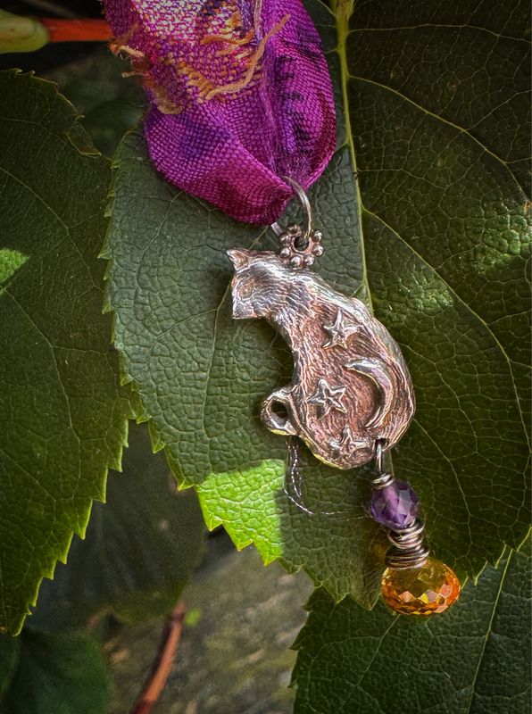 Cat Pendant on Recycled Sari Silk Ribbon