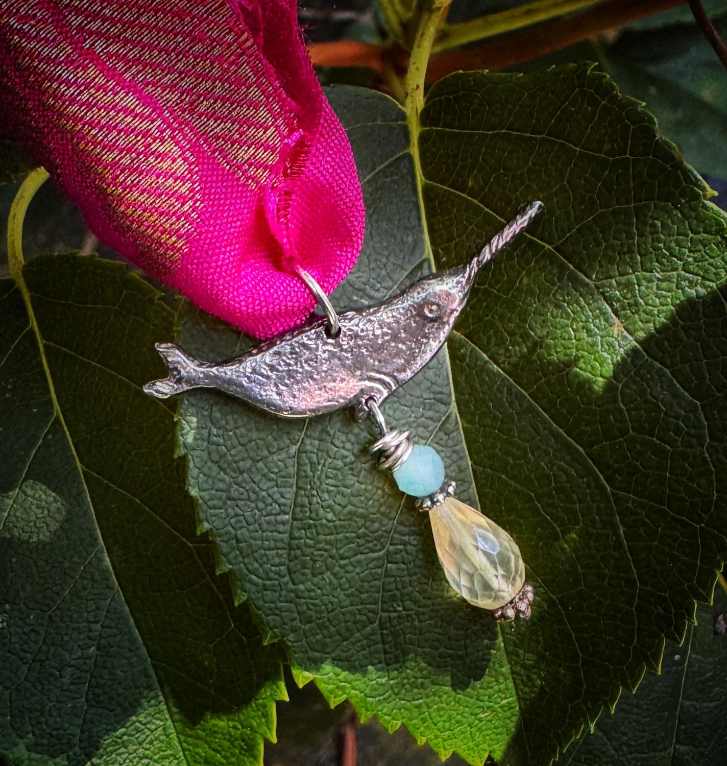 Narwhal Pendant on Recycled Sari Silk Ribbon