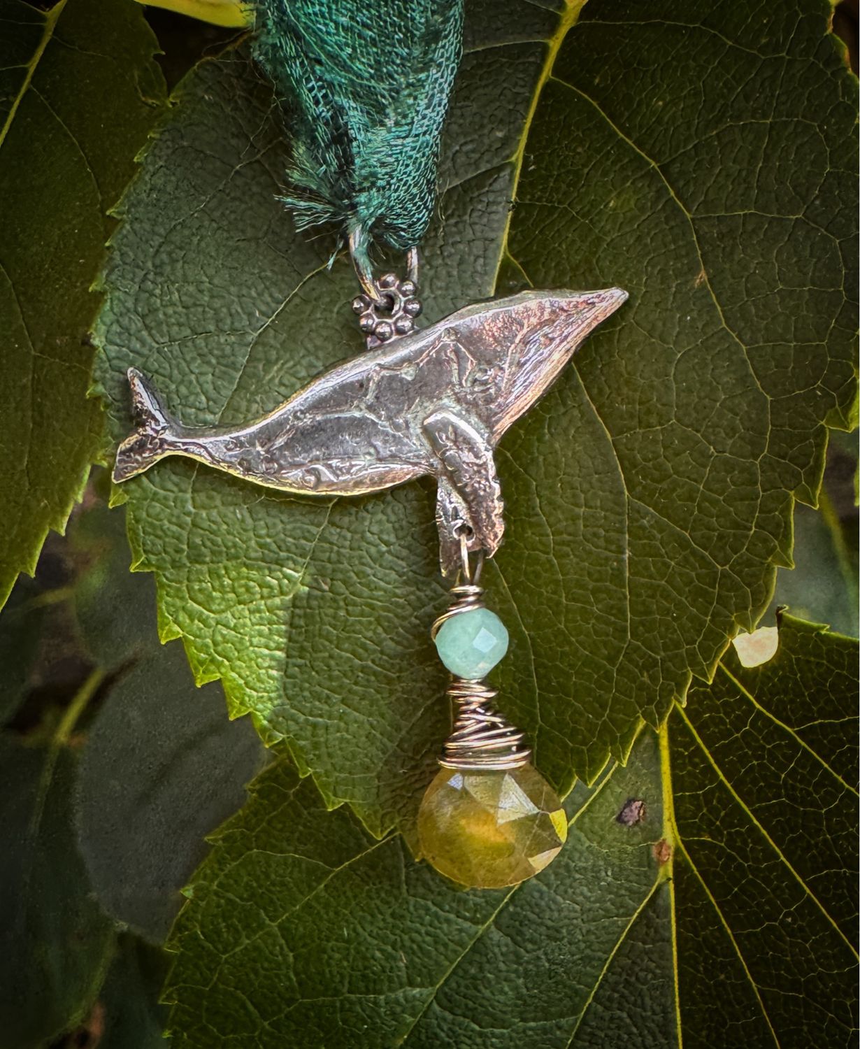 Whale Pendant on Recycled Sari Silk Ribbon